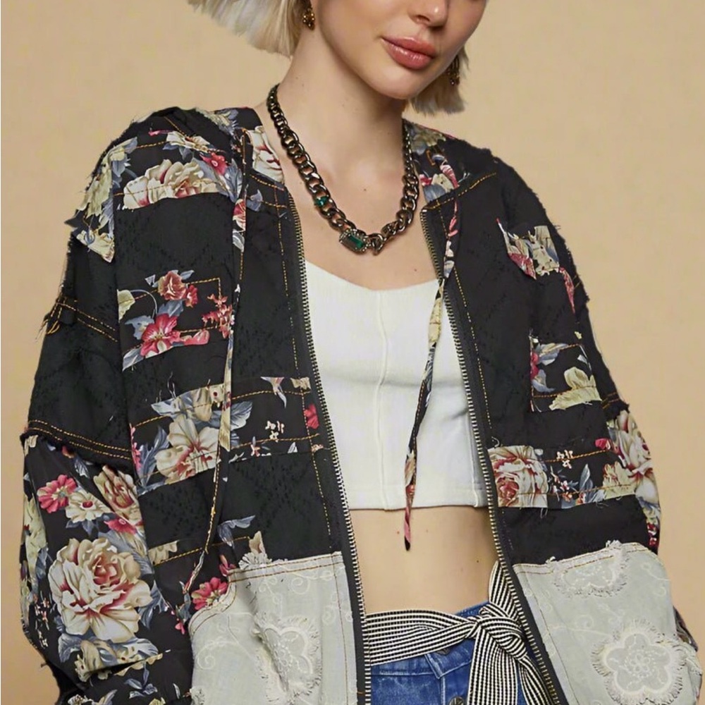 POL Floral Patchwork Bomber Jacket in Black and Cream